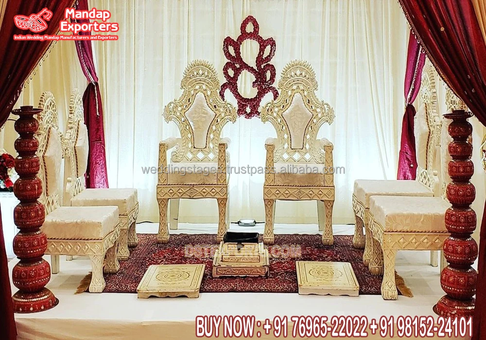 Bride Groom Seating Wedding Ceremony Vidhi Chairs New Design Wooden Wedding Mandap Chairs Designer Carved Marriage Mandap Chairs