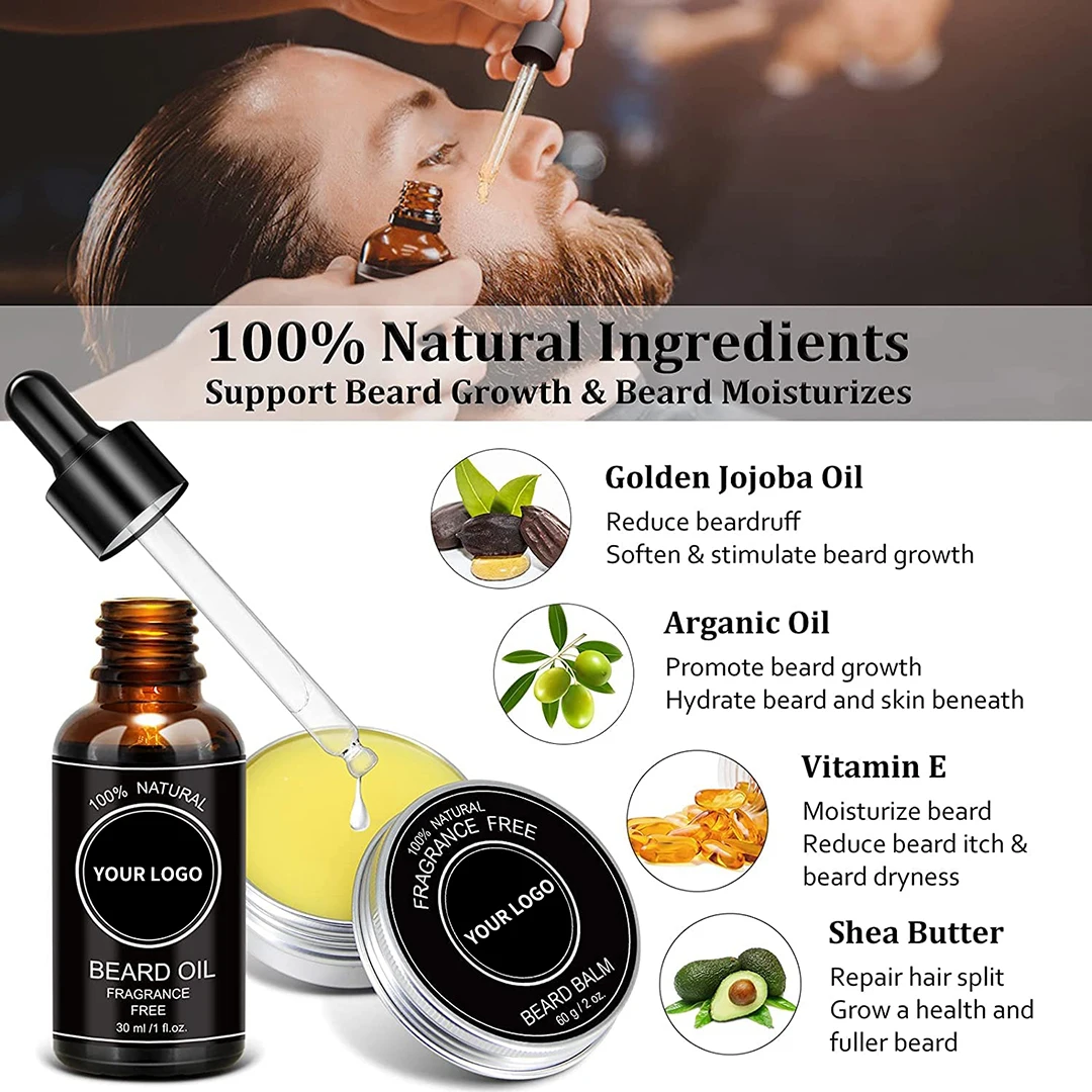 Beard Growth Oil Balm Wash Gel Set Natural Organic Vegan Men Grooming Beard Care Kit For Mustache