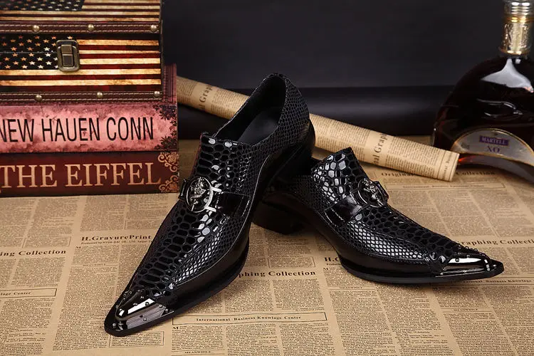 Black Prom Party Leather Dress Flats Metal Pointed Toe Leather Shoes Dress Men Shoes Genuine Leather Mens Dress Shoe