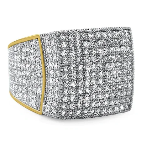 Large Square Design Iced Out Hip Hop Certified Gold Real Diamond Pave Setting, Band Ring Jewelry Gift For Men