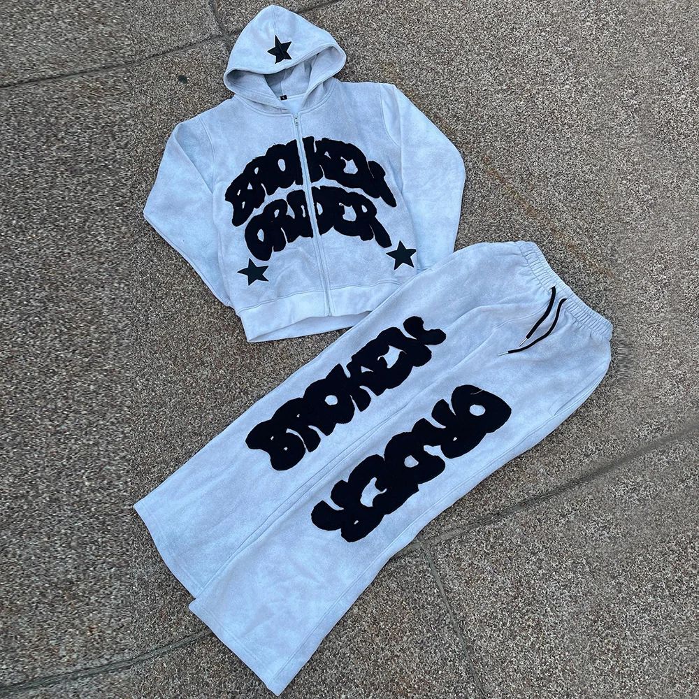 Custom LOGO Applique embroidery Printing 100% Cotton Unisex Streetwear Thick Track Suits Pants And Hoodie