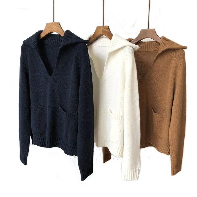 Women Elegant  Designer Sailor Collar Cashmere Wool Knit Jumper Sweater with Pockets