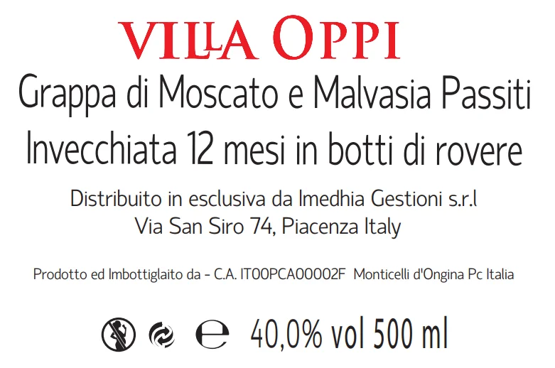 Italian best quality distilled Grape Spirit Grappa di Passito 40%vol for bulk export