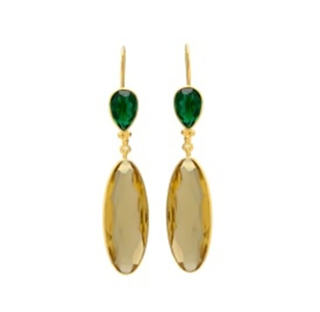 New Arrival High Quality Design 14K 18K 24K Matte Gold Plated Brass Emerald Hydro & Lemon Quartz Gemstone Drop Dangle Earrings