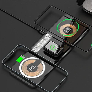 Travel temper glass Dual 15W Fast Transparent panel  Magnetic Station Aluminium Alloy Body 3 in 1 Fast Wireless Charging Pad
