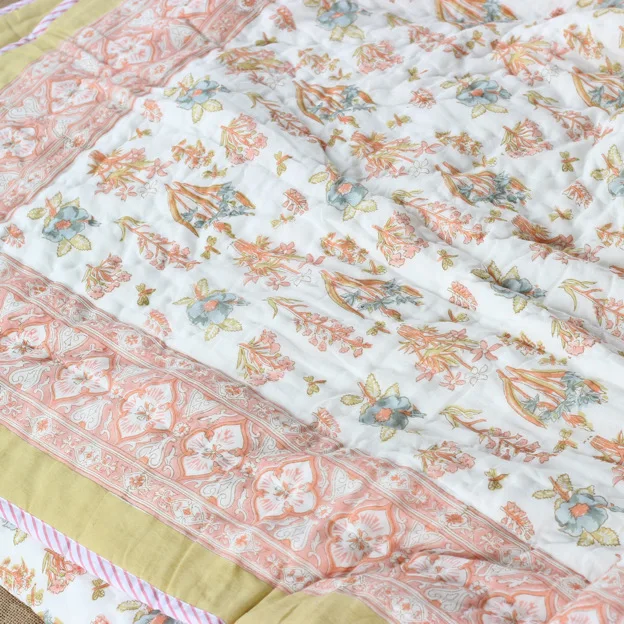 Jaipuri Handmade Quilt Indian Hand Block Printed Reversible Razai Cotton Voile Handmade Quilt Patch Work Quilt