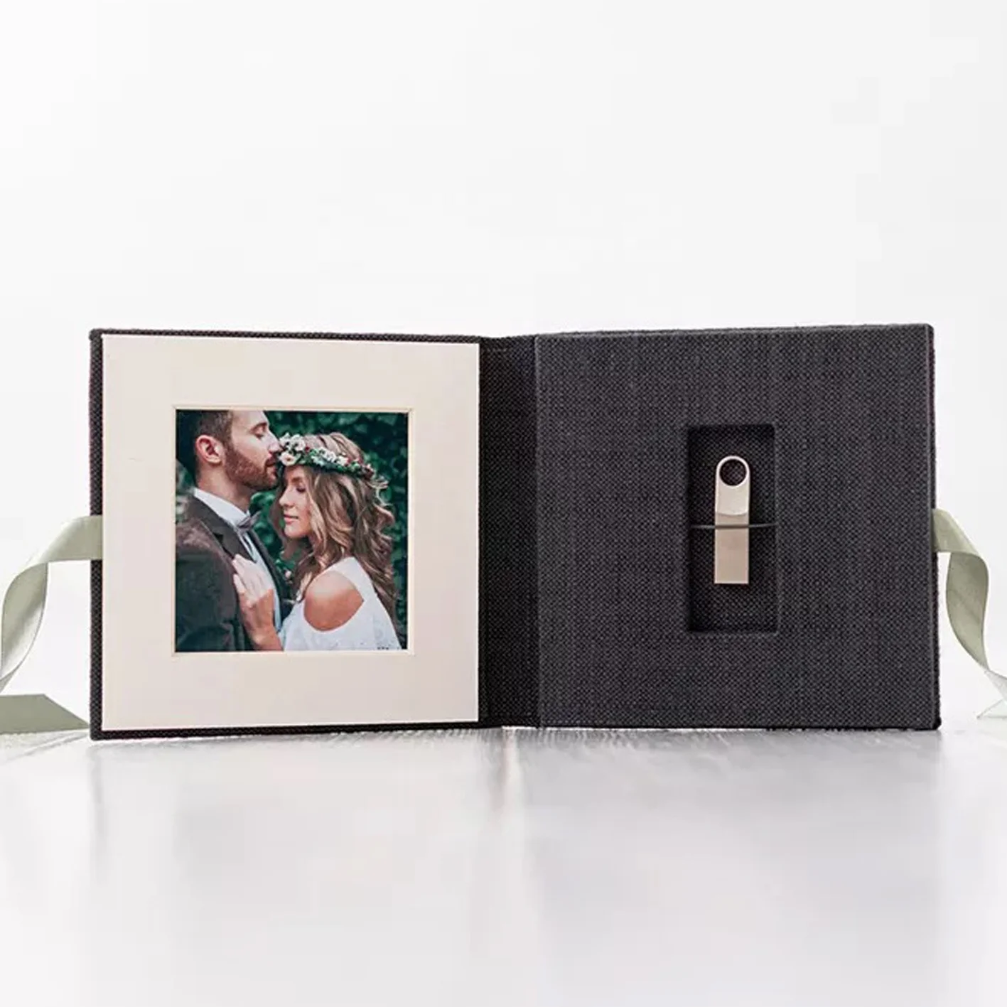 OEM свадебный подарок Folio бумага Ткань Лен фото коробка чехол печать USB флэш-накопители картонная жесткая упаковочная коробка с USB-накопителем