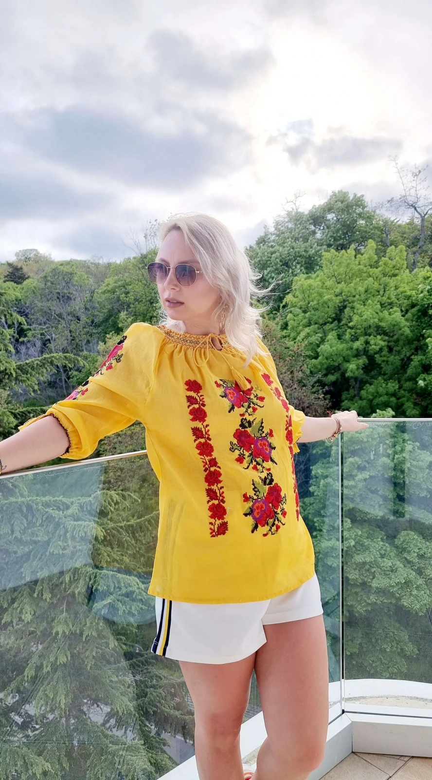 Mustard Color Women Floral Embroidered Casual Short Sleeves Romanian