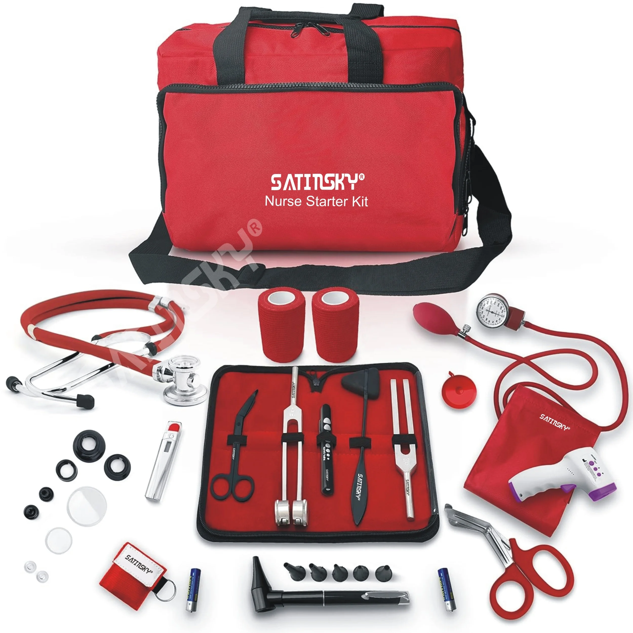 Nurse Starter Kit - Stethoscope, Blood Pressure Monitor, Tuning Forks, and More - 18 Pieces Total (Red)