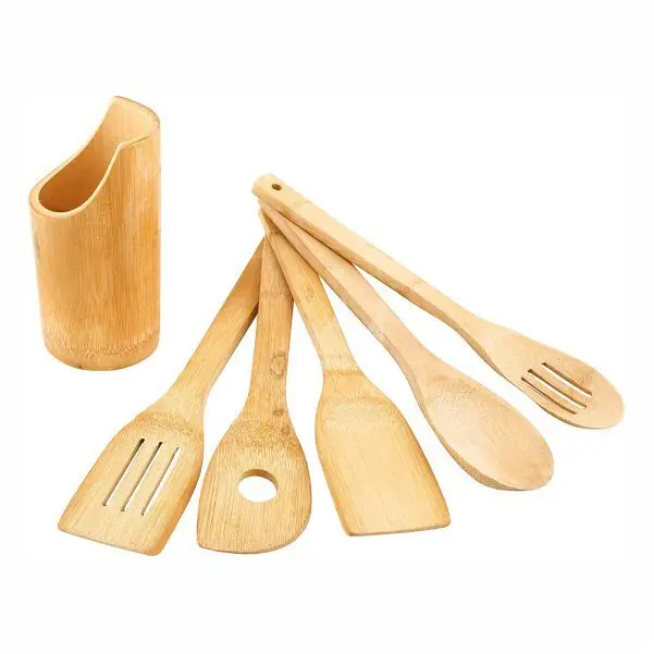 Bamboo Cooking Serving Wooden Spoon 5 Piece Set with 1 Piece Stand Eco-friendly Material 2023 Hot Sale