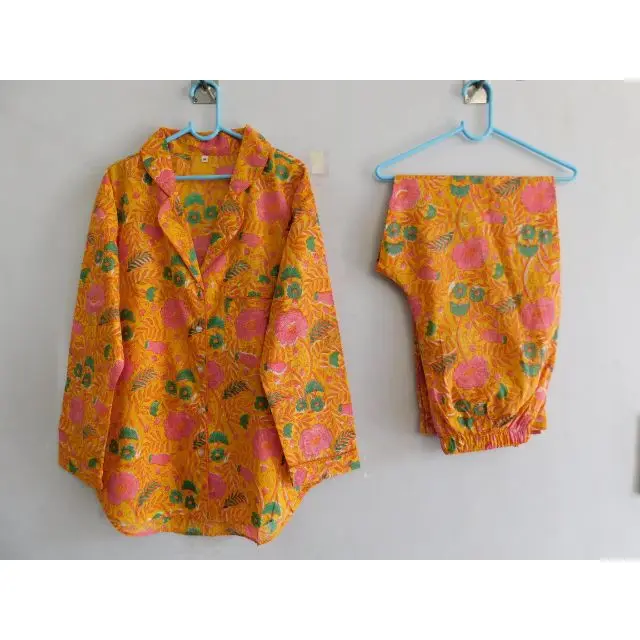 Women Long Sleeve Night Suit Pajama Set Indian Hand Block Floral Printed Cotton Casual Comfortable Sleepwear Dress
