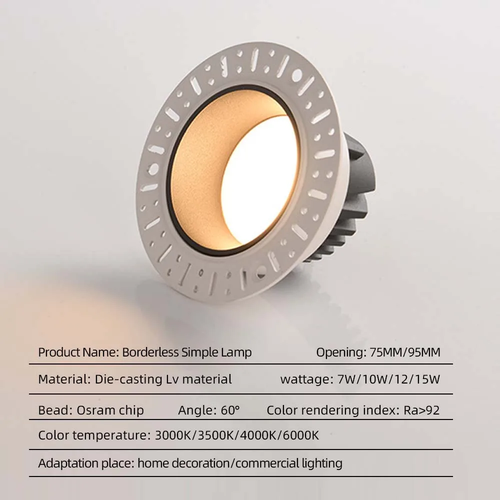 Hot selling LED downlight cutout 75-95mm deep recessed anti-glare edgeless 7W 10W 12W 15W LED COB embedded trimless downlight