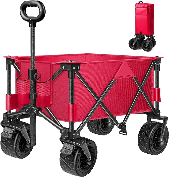 THCW10261 - Collapsible Folding Wagon, Heavy Duty Utility Beach Wagon Cart, Shopping Wagon Cart and Camping, Garden, Red