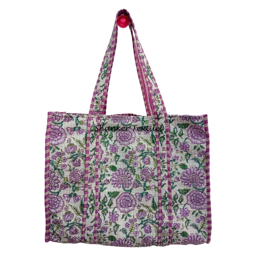 Hand Block Printed Quilted Tote Bag For Women Shopping Shoulder Beach Bag Customized Bag With Inner Pocket