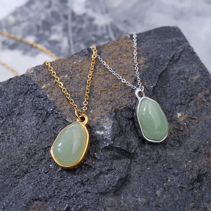 Gold Plated Stainless Steel Jade Stone Crystal Necklace Healing Natural Precious Stones Pink Quartz Necklace