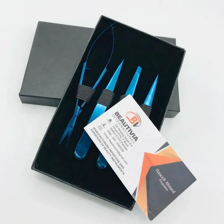 Brow Tweezer Blue Plasma Cosmetic Tweezers Wholesale Stainless Steel Slanted Pointed Eyebrow Tweezers Scissors set