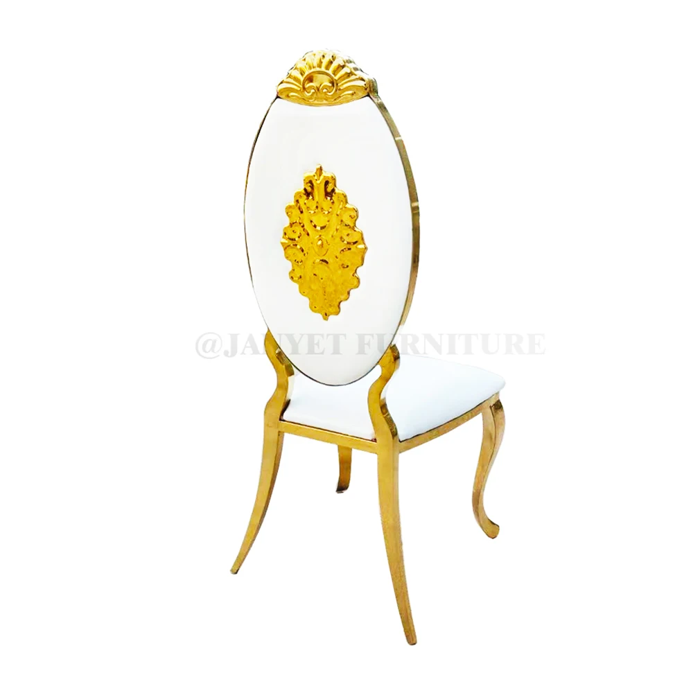 Оптовая продажа, роскошные золотые овальные металлические банкетные стулья для столовой, Штабелируемые Свадебные
