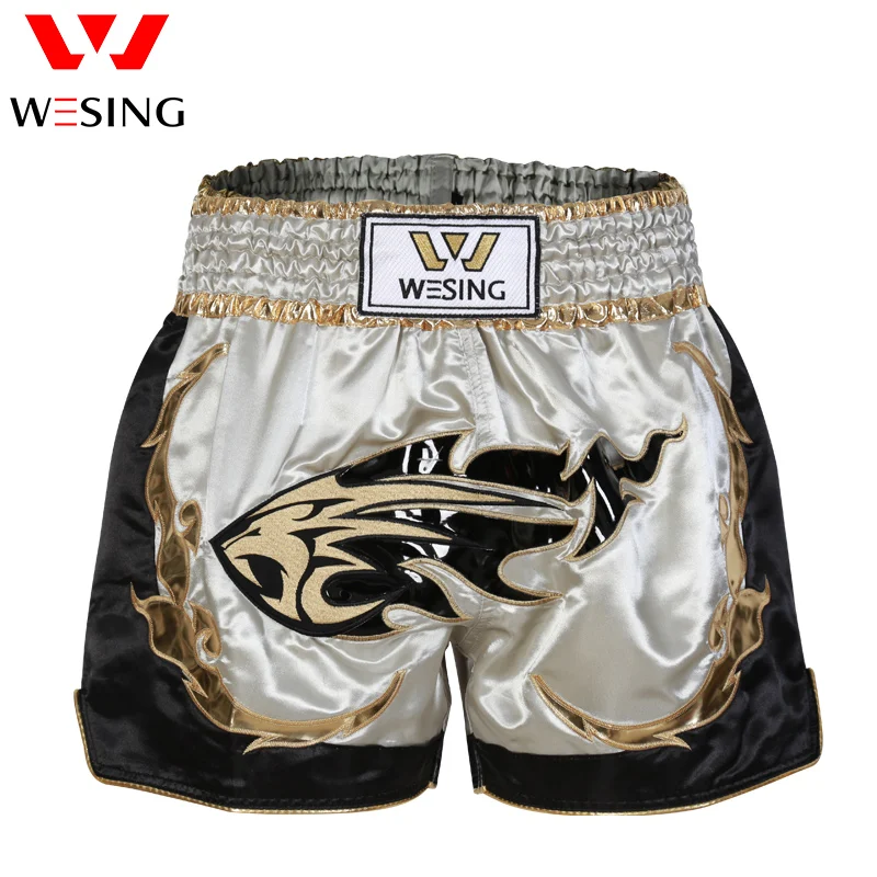 Wesing High Quality Embroidery Muay Thai Shorts Black Fabric Wholesale Muay Thai Boxing Shorts