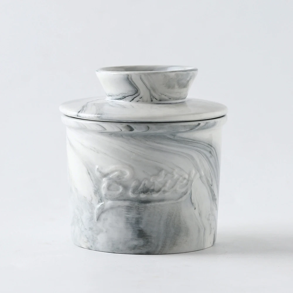Home Kitchen Countertop Luxury Decor Grey Marble Food Storage Container Holder Ceramic French Butter Crock Dish With Lid Cover