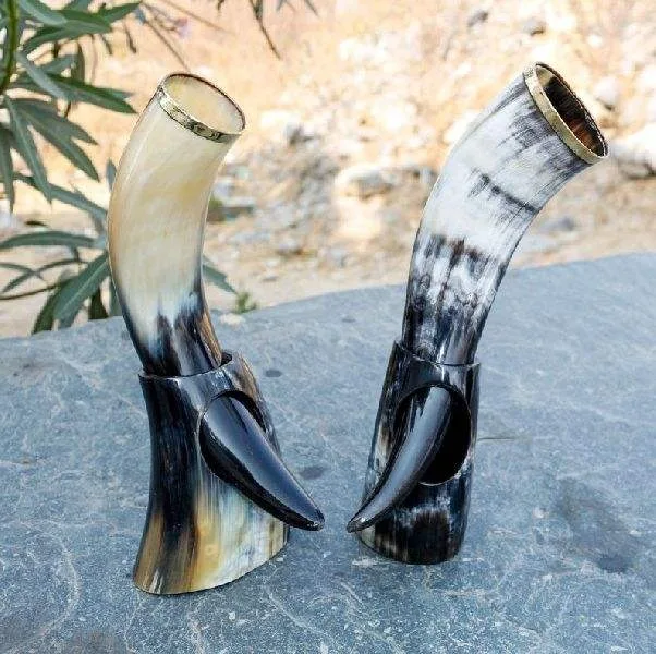 Best Quality Buffalo/Ox Drinking Horn/Natural Viking Mug Drinking for molding brass rim With horn stand for sale