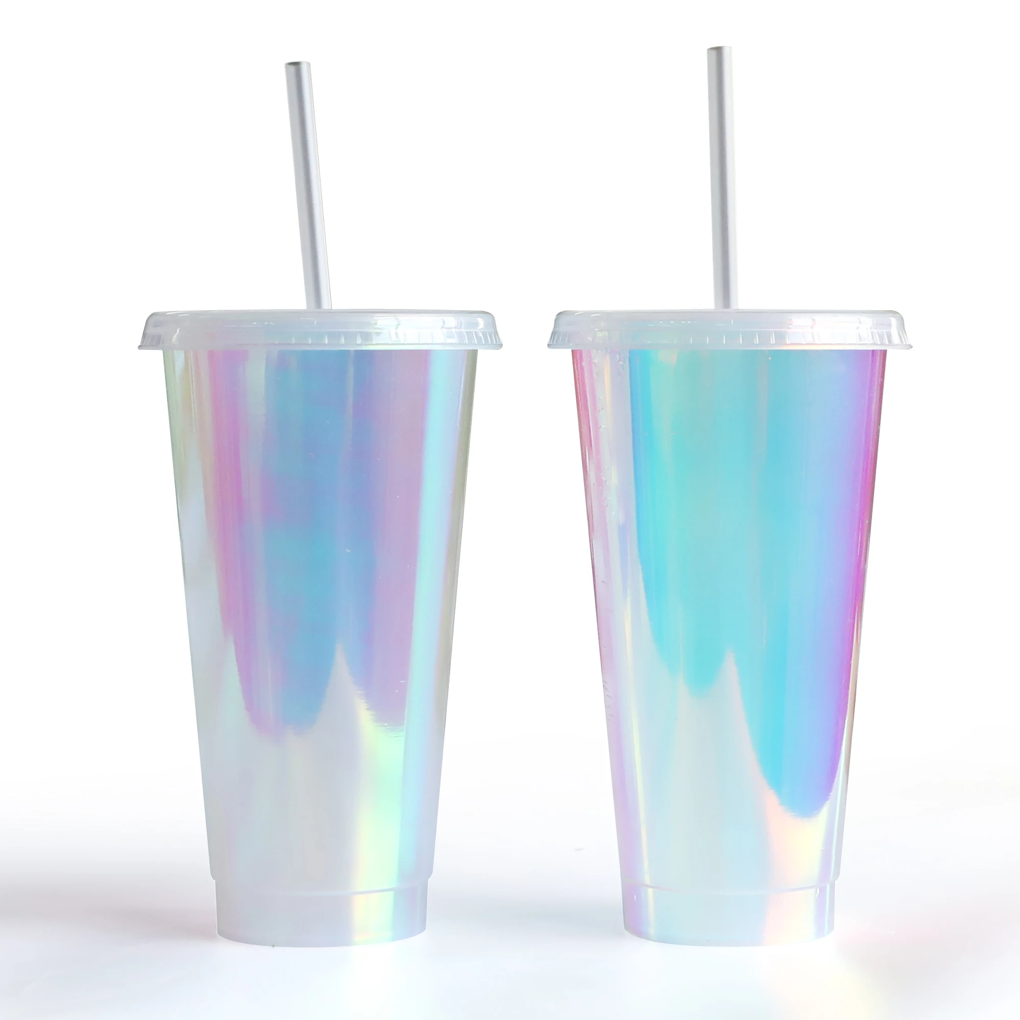 Wholesale holographic hologram cup reusable 24oz plastic tumbler cold cup with lids and straw