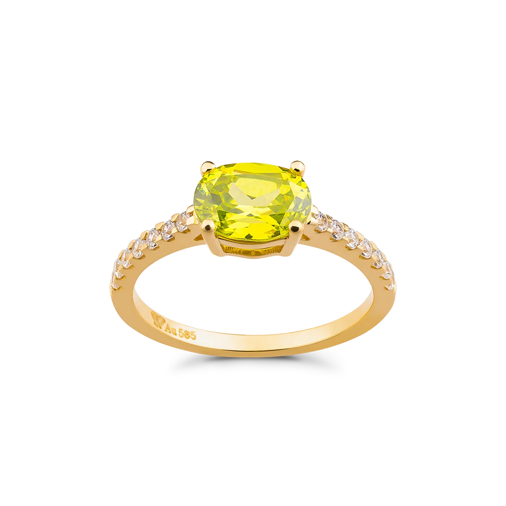 Luxury Beautiful Wedding Anniversary Jewelry 14K Solid Real Gold Oval Peridot Gemstone Rings For Female