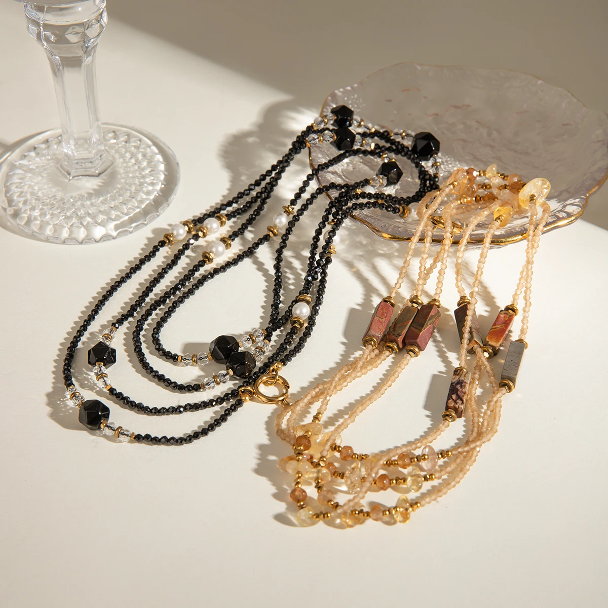 J&D 18k Gold Stainless Steel Crystal Onyx Pearl Beaded Necklace Long Strand 125cm Black Crystal and Faux Pearl Design