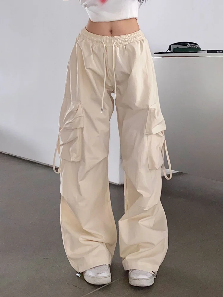 2024 Women korean baggy pants wide leg cargo pants casual solid beige fashion work trousers wholesale pants