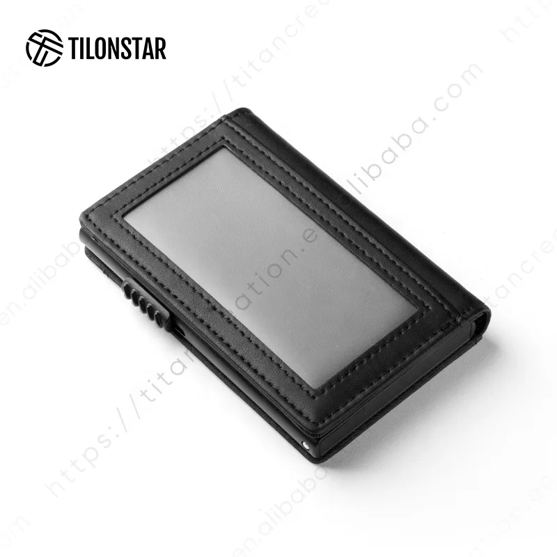 TILONSTAR TVC329 Pop Up Rfid Card Holder With Id Windows Slim Leather Aluminum Credit Card Holder Wallet For Men