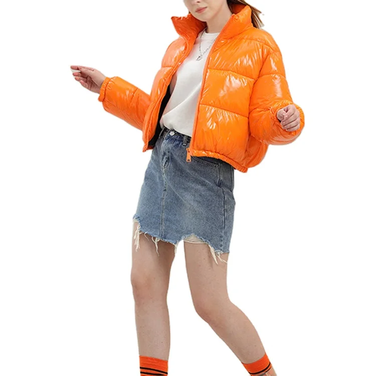 Wholesale Orange Womens Bomber Jacket Shiny Winter Short Bubble Jacket Custom Puffer Jacket for Women 2022