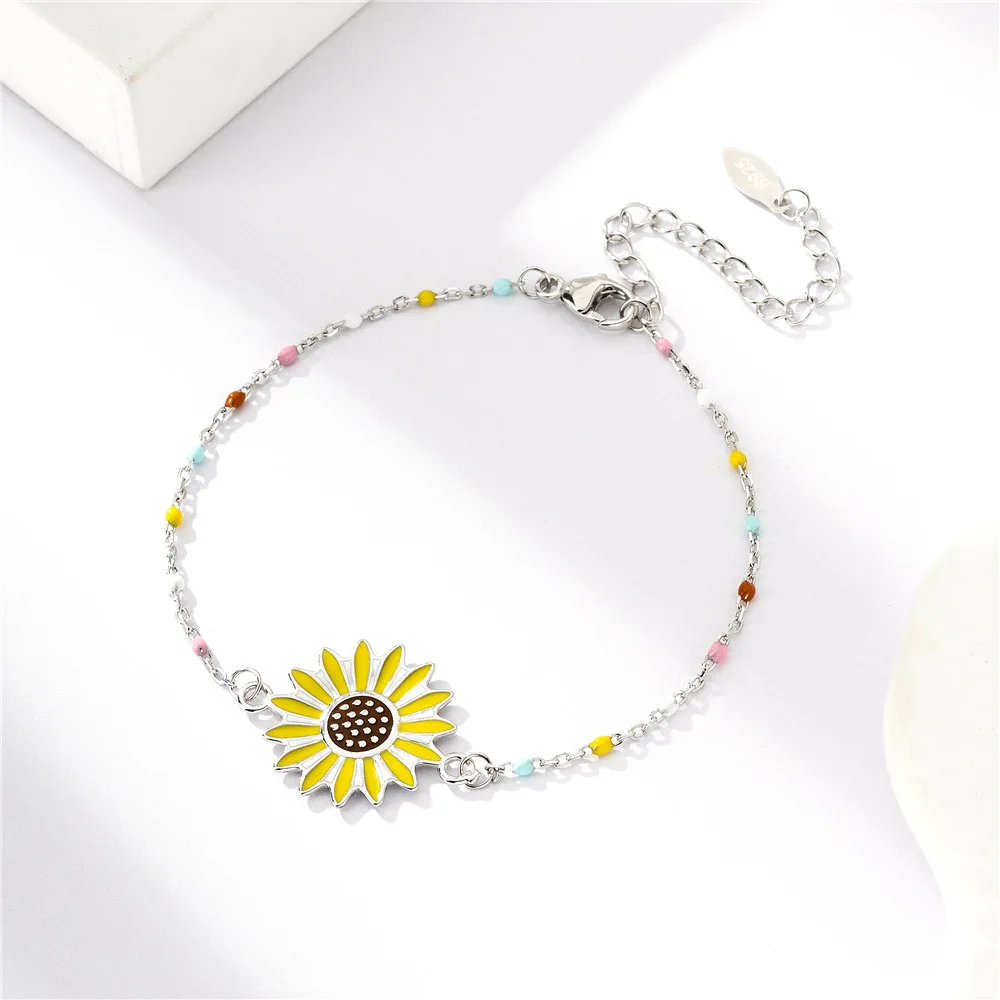 S925 sterling silver bracelet 18K gold plated sunflower sunflower enamel epoxy bracelet personalized and fashionable