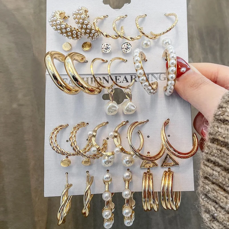 Vintage Gold Silver Color Metal Chain Hoop Earrings Set For Women Fashion Pearl Circle Hoop Earrings 2022 Trend Jewelry /