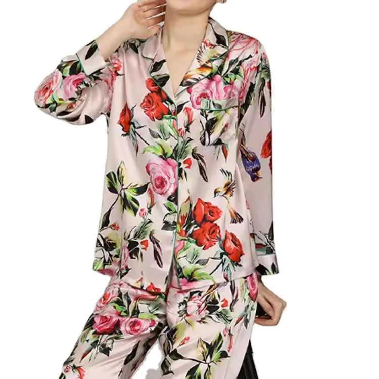 Custom Floral Printing 100% Silk Pajamas Long Sleeves Sleepwear for Woman