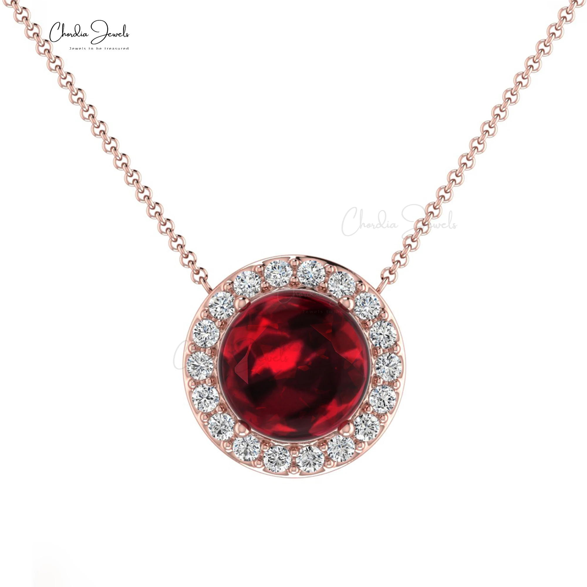 Trendy Garnet Gemstone Necklace White Diamond Solitaire Necklace 14k Solid Gold Round Cut Gemstone Necklace Wholesale Price