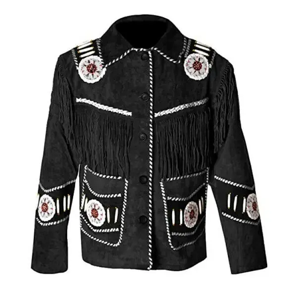High Top Quality Fringed & Beaded Original Cow Suede Leather Western Style Men Cheap Cowboy Leather Jacket