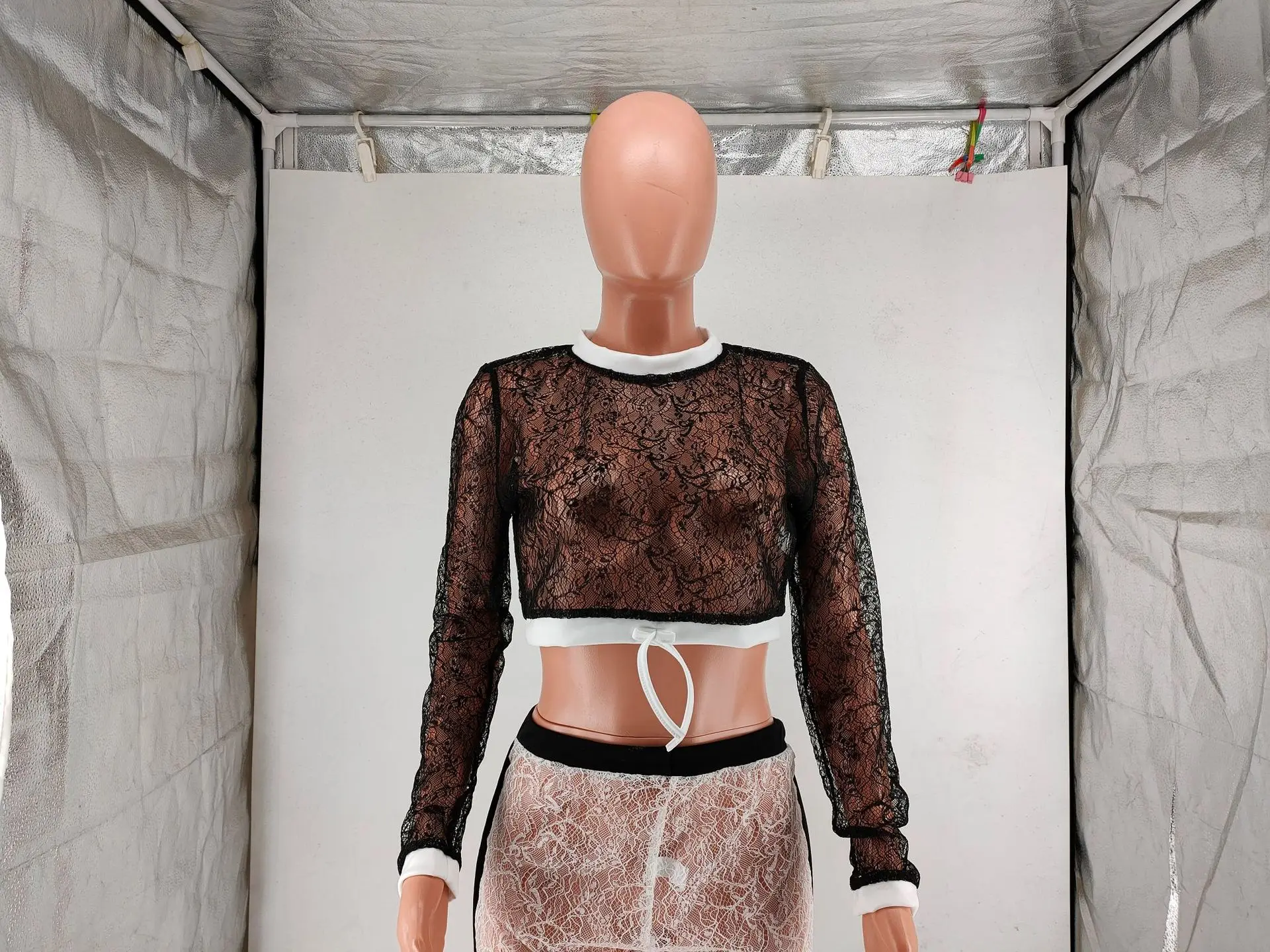 Hot Sell 2022 Autumn European Beauty Ladies Lace Mesh Clothing Two Piece 2 Pcs Womens Set