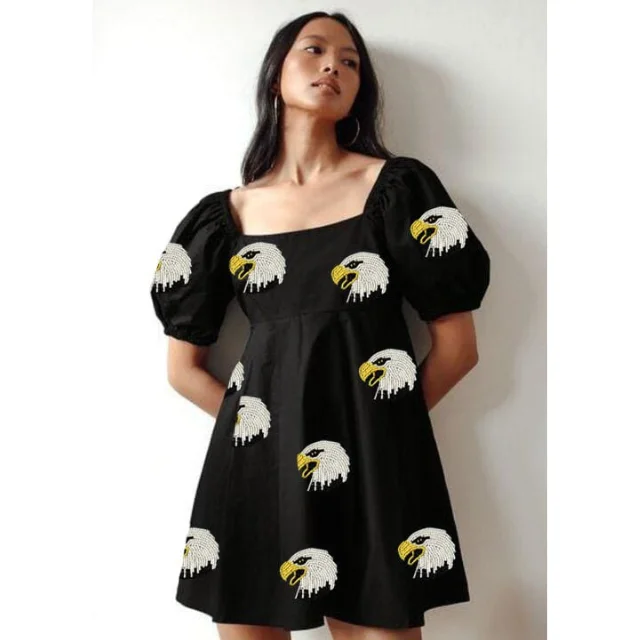 Buy Game Day Custom Embroidered Patches Ruffle Sleeves Tiered Dresses With Square Neck Game Day Sequin Patch Dress