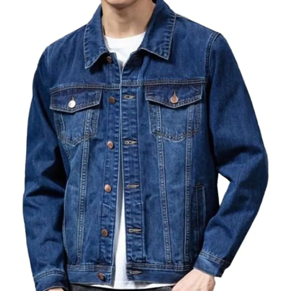 Men Denim Jacket Long Sleeves Multi Pockets Lapel Solid Color Loose Korean Style Men Denim Jacket Spring Fall Coat