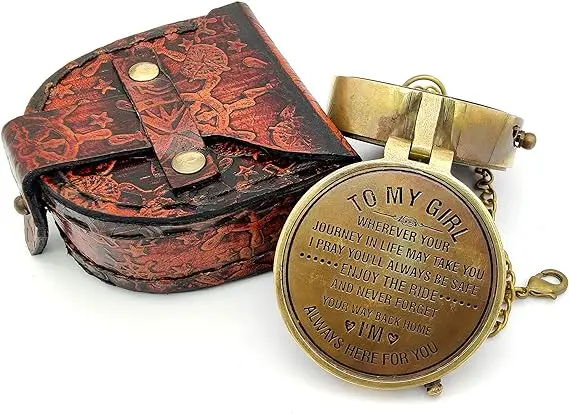 US Coast Guard Engraved Brass unique Compass Nautical Marine Gift Navigation Compass for Hiking Camping with Leather Case