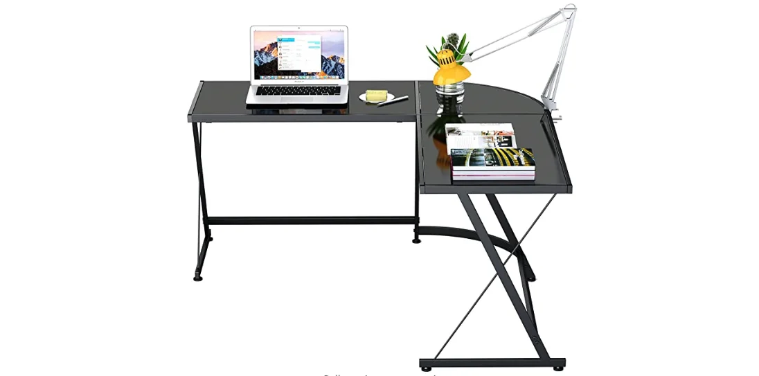 L shaped big size office home black color wood surface carbon fiber board metal feet gaming desk with Monitor stand