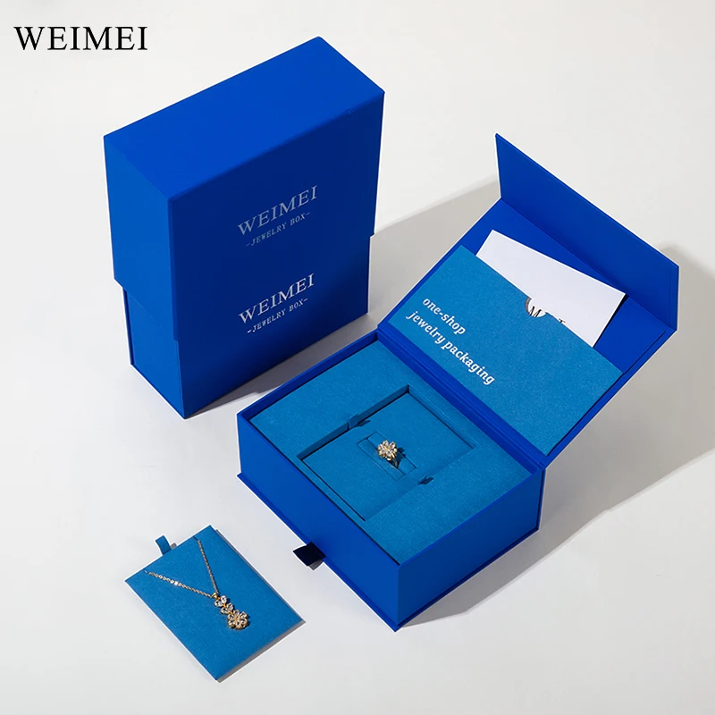WEIMEI FSC Blue high-end jewelry packaging set box paper ring jewelry box cardboard microfiber necklace package box