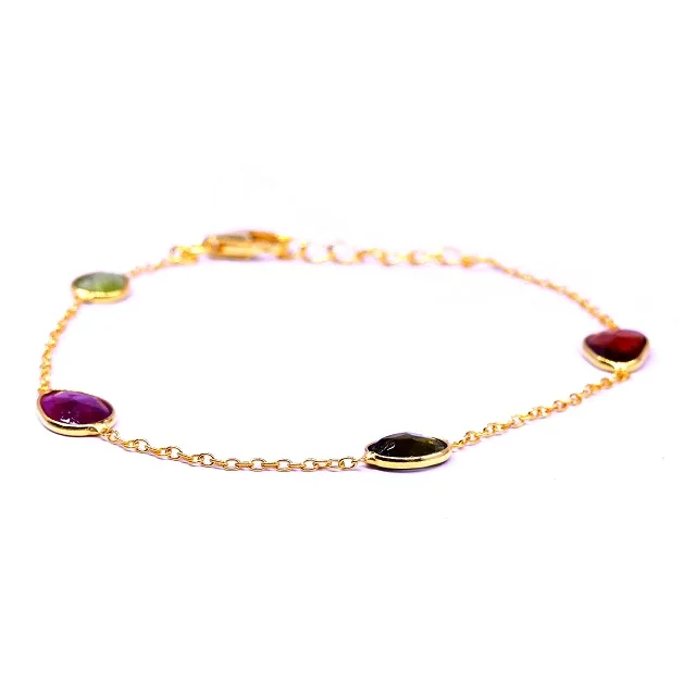 Handmade 925 Sterling Silver Gold Plated Multi Color Tourmaline Gemstones Ladies Wear Link Chain Bracelet