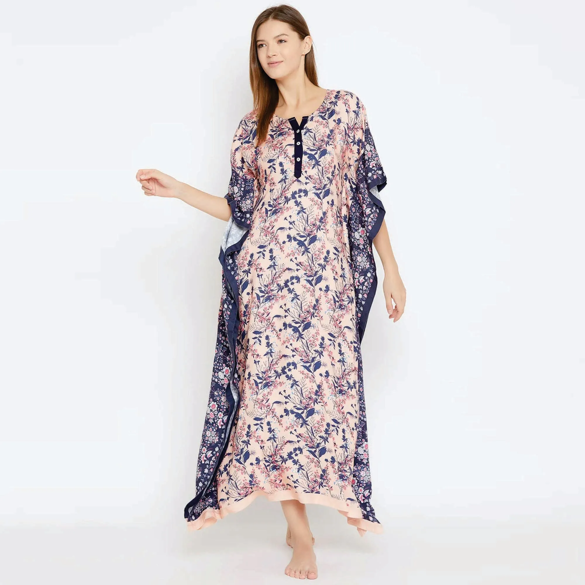 Slim Fit Viscose Rayon Short Extended Sleeves Round Neck with Button Placket Peach Floral Maxi Kaftan