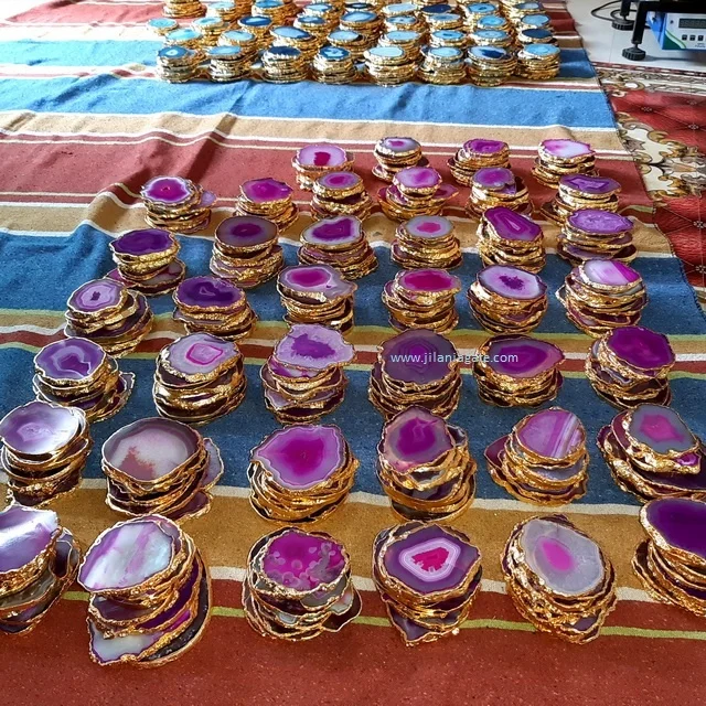 Wholesale Pink Agate Quartz Semi-Precious Stone Cup Holder & Table Decoration Gold Plating Hot Sale Gemstone Slice Coaster