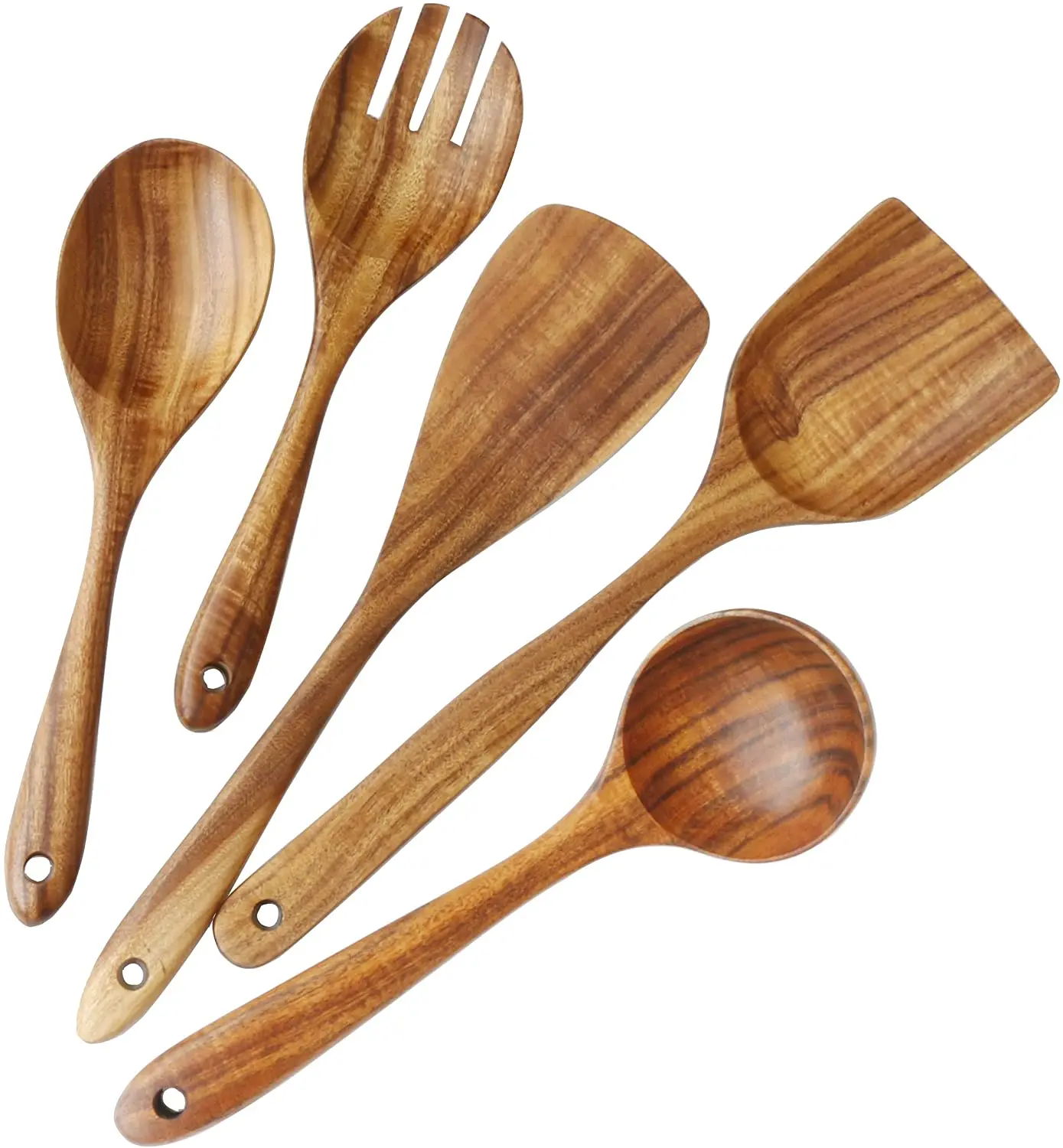 Wooden Spoons for Cooking 5 Piece Non Stick Wooden Spoon Set Wooden Spoons, Spatula Set, Slotted Spoon & Pasta Spoon - Handmade
