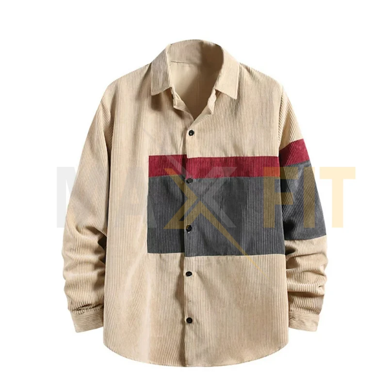 Corduroy Jacket Shirts for Men Loose Casual Color Block Patchwork Fashion Men Blouse Tops Long Sleeve Turndown Collar Lapel