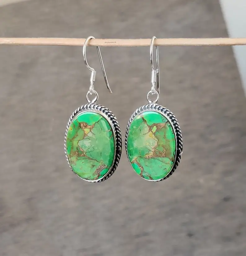 Green Copper Turquoise Oval Gemstone Earrings 925 Sterling Silver Christmas Gift for Her
