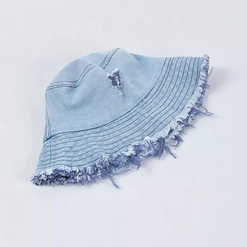 Wholesale Ladies Bucket cap and hat Fashion For Womans Two Colour Frayed Brim Worn Out Design Cool Denim Jeans Bucket Hat