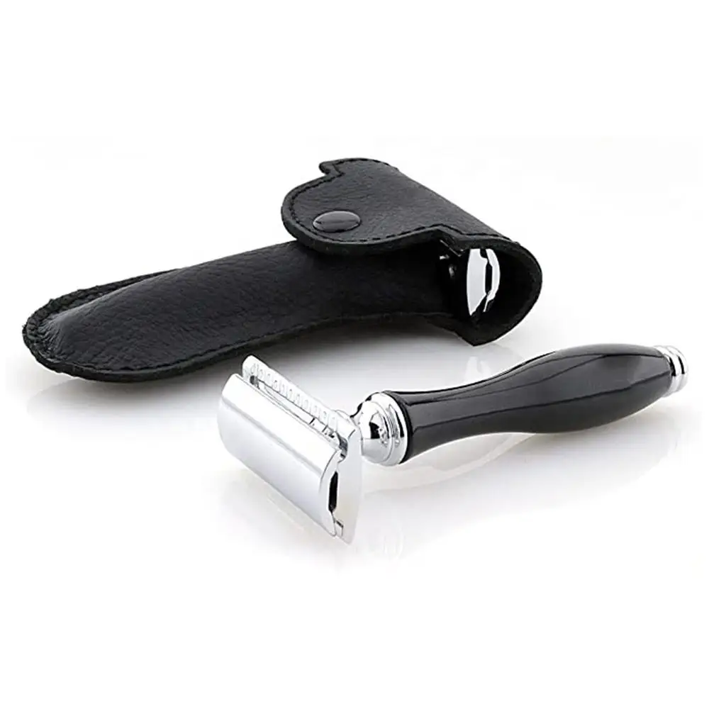 Reusable Safety Shaving Razor For Men With Sharp Blade Black Color Handle Personal Use Safety Razor with Leather Cover