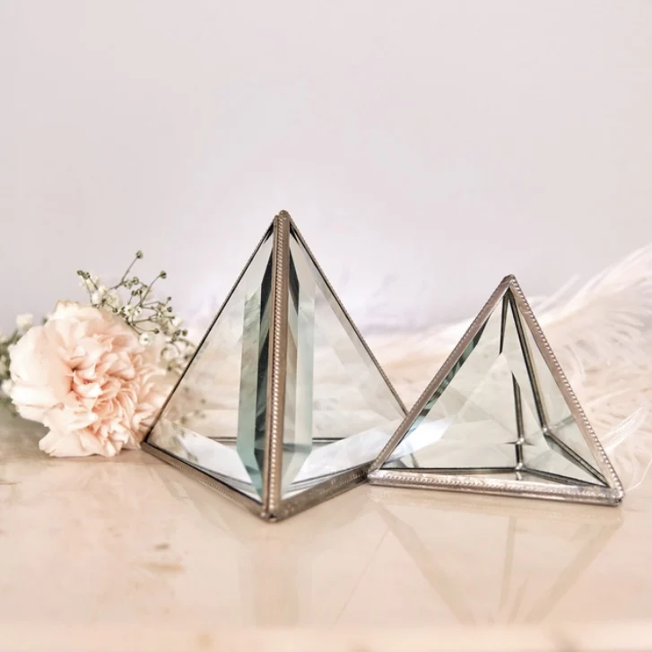 Custom Triangle Pyramid Shape Beveled Glass Jewelry Box with Silver Metal Designer Frame for Ring and Other Jewelry Storage Box
